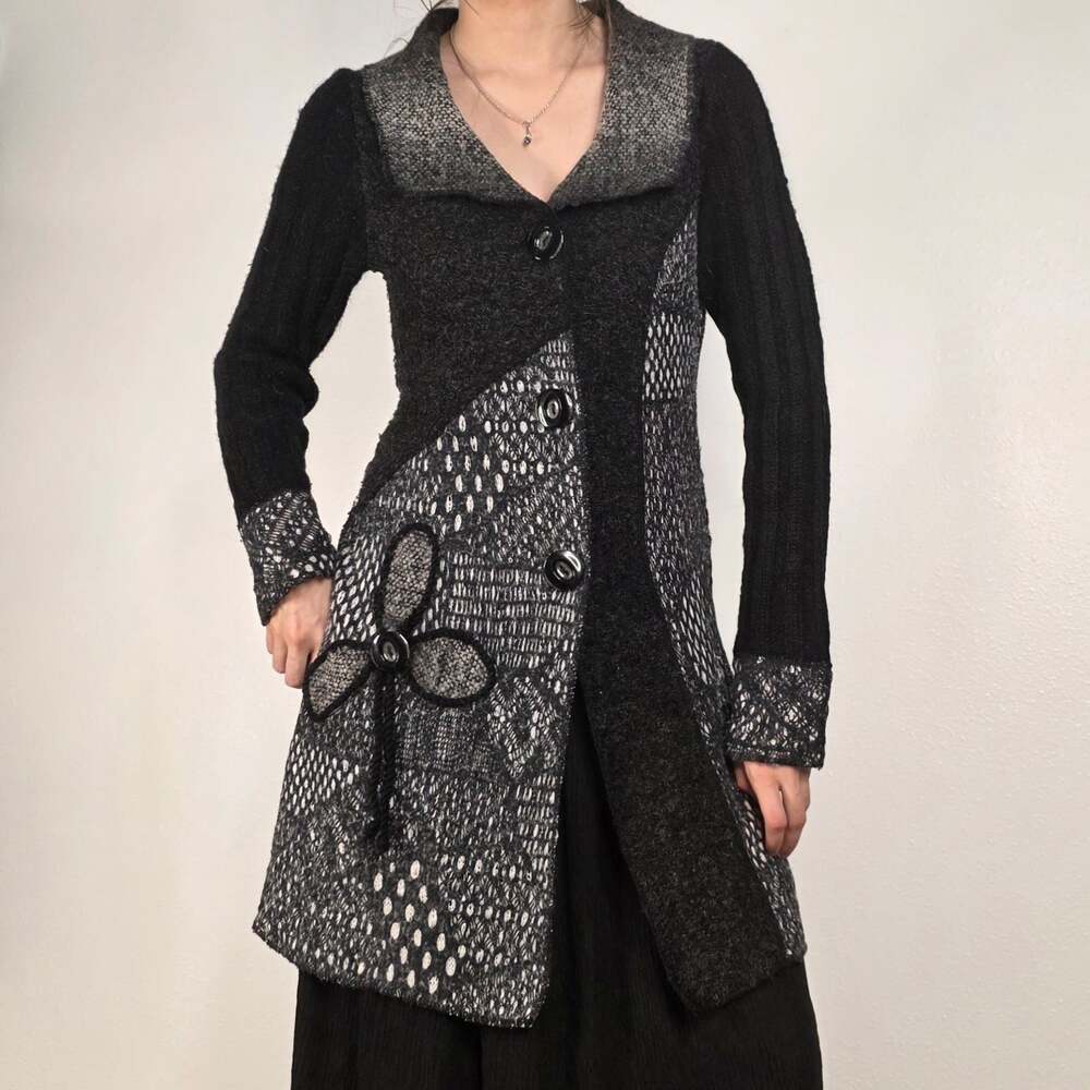 Patchwork Cardigan Black Gray Floral Appliqué Whimsigoth Longline Fairy Grunge